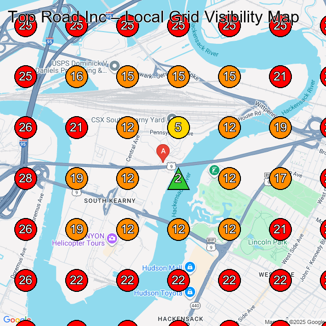 Top Road Inc GeoGrid visibility map for Logistics Service in Kearny